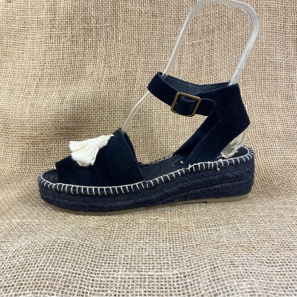 Espadrilles Soludos Platform Sandals Black Suede Tassels White Wedge Size 10 - Picture 3 of 14